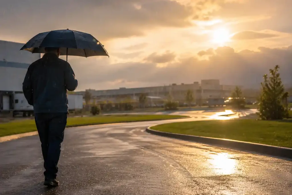 Grief man with umbrella sun light peaking out copy