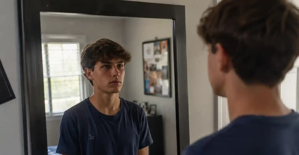 Teenager looking in mirror copy